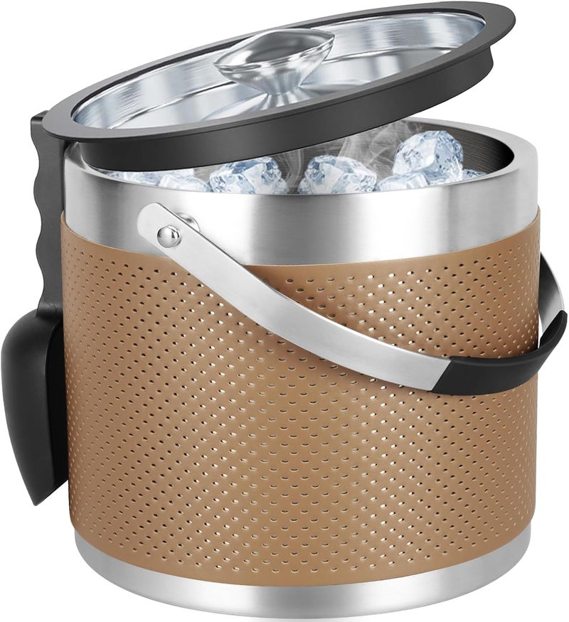 Five Home 3Quart/3.2L Insulated Ice Bucket with Lid, Scoop, Leather Design Double Wall Stainless Steel Ice Bucket for Cocktail Bar, Parties (Brown) - Image 1